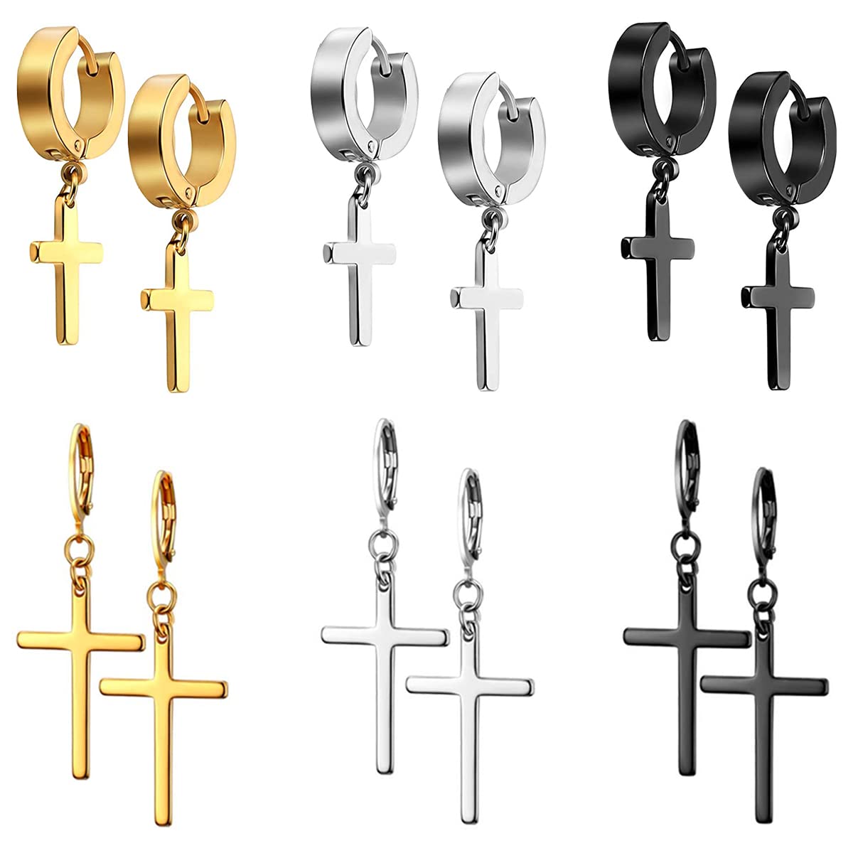 JELIEE 6 Pairs Cross Earrings Crucifix Drop Earrings Jewelry Dangle Hinged Earrings Stainless Steel Cross Hoop Earrings Stud Earrings Black Silver Gold Earrings for Men and Women